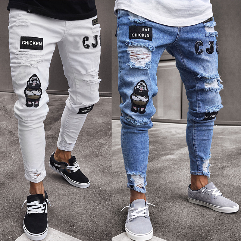 Cross-border European and American Badge Men's Jeans Trendy Knee Ripped Zipper Pants Ripped Men's Denim Pants