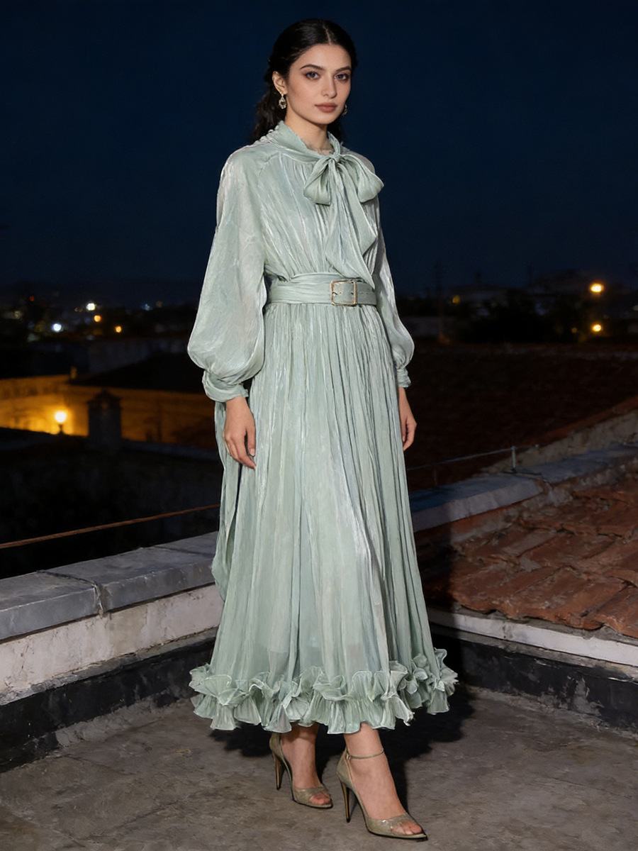 Elegant Socialite Style Flowing Gauze Dress 2026 Summer New Bow Collar Lantern Sleeve Ruffle Long Dress for Women