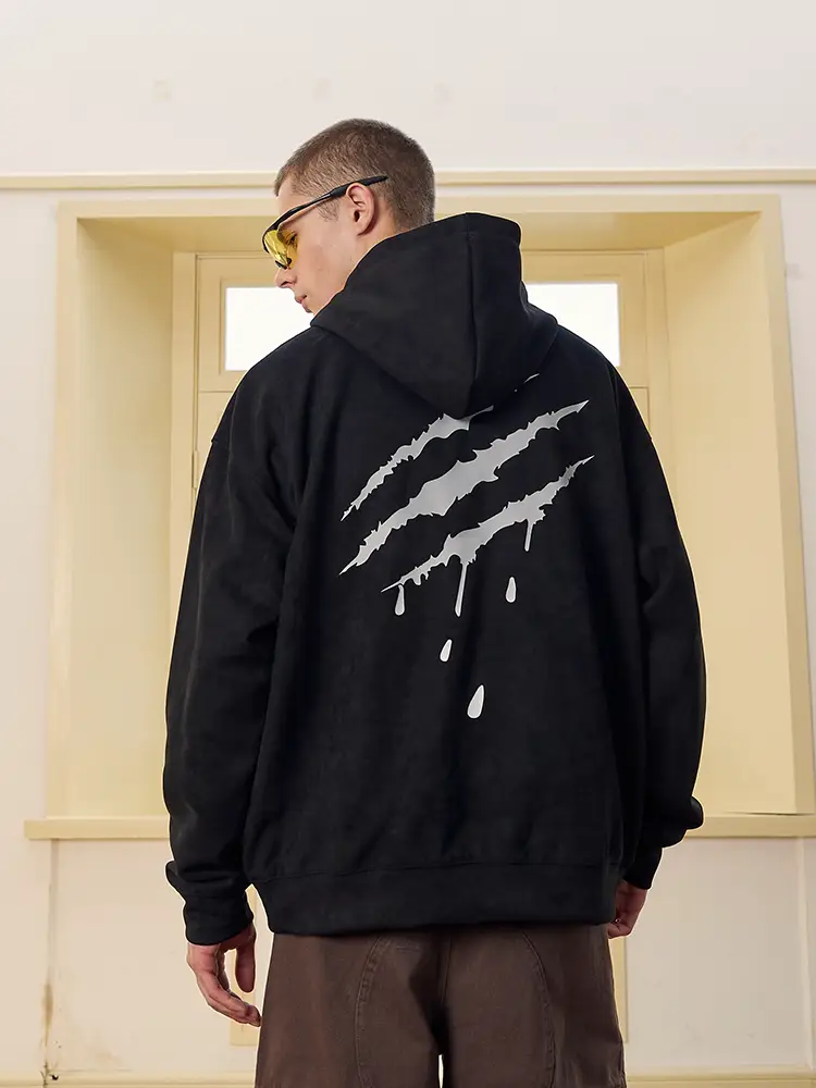 Suamoment Scratch Offset Printed Suede Hoodie Men's Autum American Fashion Brand Casual Loose Couple Sweatshirt