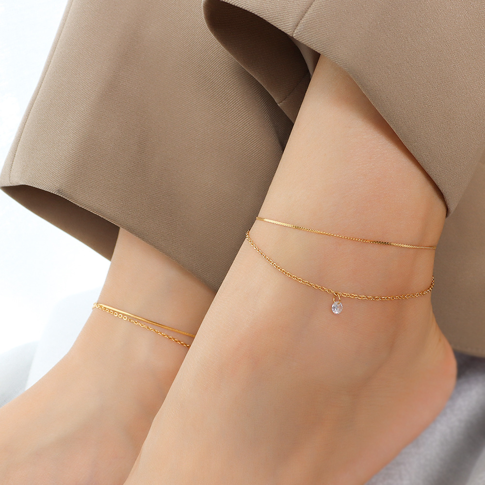 Ins Cold Style European and American Cross-border Light Luxury Personalized Double-layer Simple Niche Inlaid Zircon Titanium Steel Plated 18K Gold Foot Ornaments