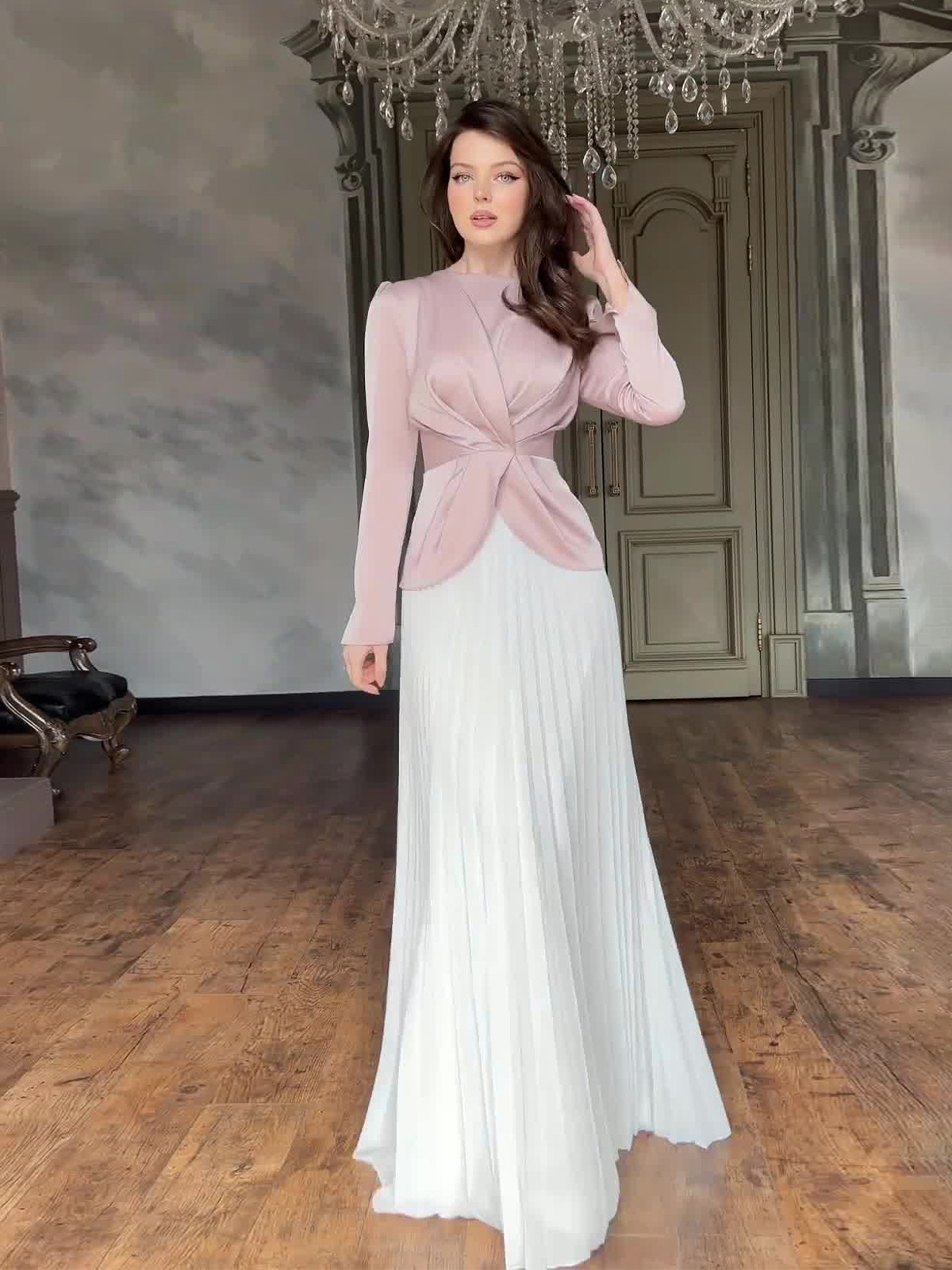 Amazon Europe and America 2026 Autumn Women's Fashion Color-Block Pleated Long Dress Elegant Suit Long Sleeve Dress