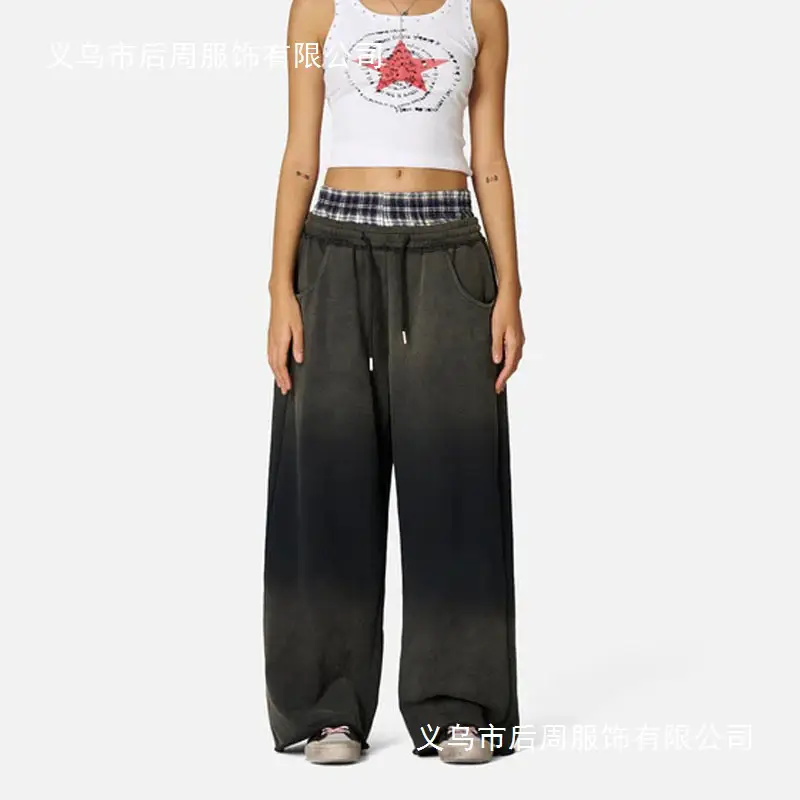European and American Style Women's Street Plaid Splicing Double Waistband Washed Distressed Straight Casual Pants Women's Sweatpants
