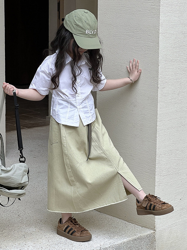 Girls' Stylish Short-Sleeve 2026 Summer New Korean-Style Slim-Fit Cropped Shirt for Older Children, Thin Summer Fashion