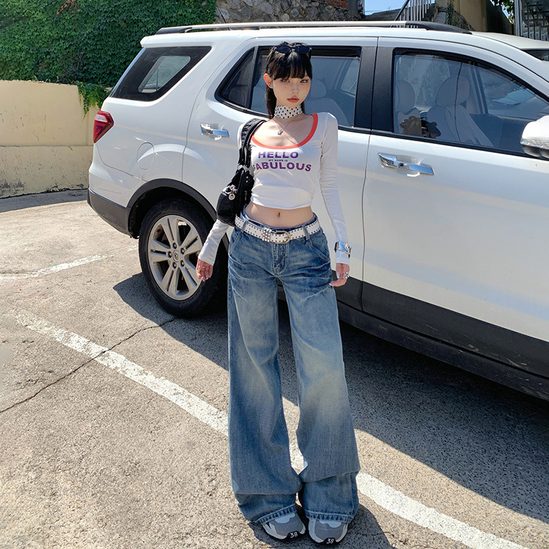 American Style Low Waist Wide Leg Jeans Women's 2024 Autumn New Retro Loose Slimming Straight Slimp Pants