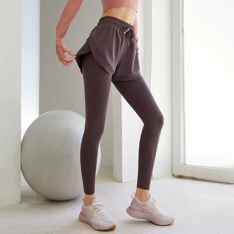 Fake Two-Piece Yoga Pants for Women, High-Waisted, Butt-Lifting, Tight-Fitting, Quick-Drying Sports Pants for Outdoor Wear, Running, Aerobics, Fitness, Sweat-Absorbent Long Pants