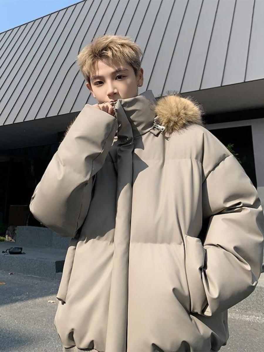 2024 New Style Detachable Big Fur Collar Hooded High-grade Cotton-padded Coat Men's Thickened Cotton-padded Coat Warm Leather Bread Suit