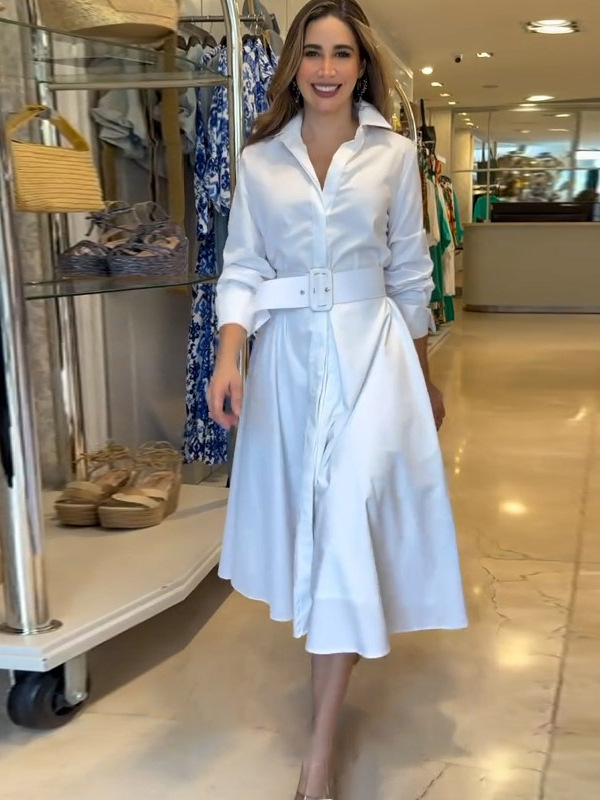 2025 cross-border spring and summer new European and American Amazon solid color large pendulum solid color lapel long sleeve A- line skirt dress