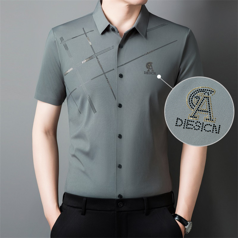 Cross-Border Ice Silk Cool Men's Shirt Seamless Elastic Summer Men's New Non-Iron Business High-End Shirt for Men
