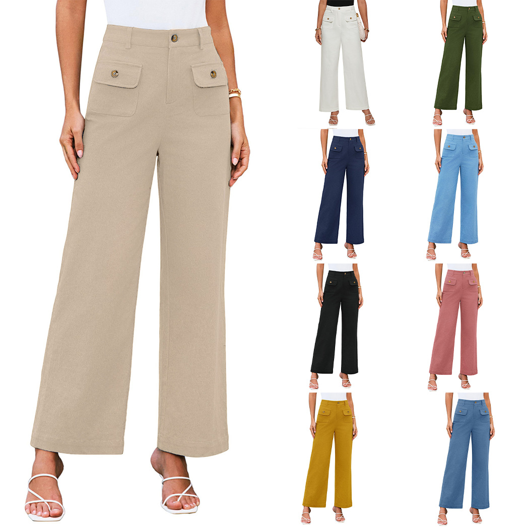 Amazon European and American 2026 Women's High-Waisted Wide-Leg Pants Elastic Long Pants Formal Business Work Casual Pants with Pockets