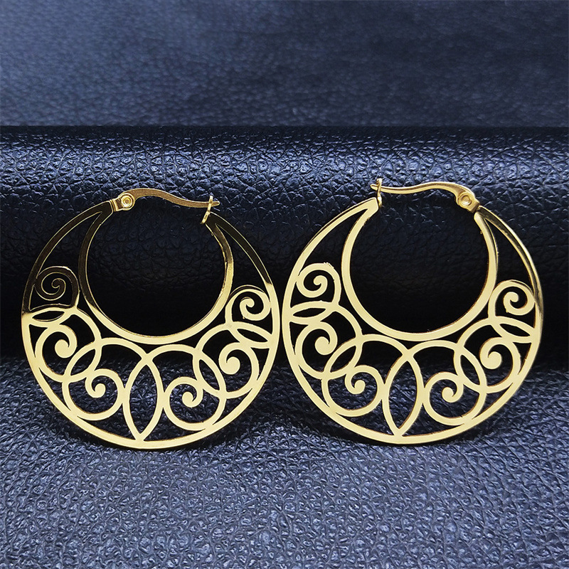 European and American Bohemian Style Hollow Carved Earrings, Feminine Stainless Steel Geometric Earrings, Exaggerated Irregular Earrings
