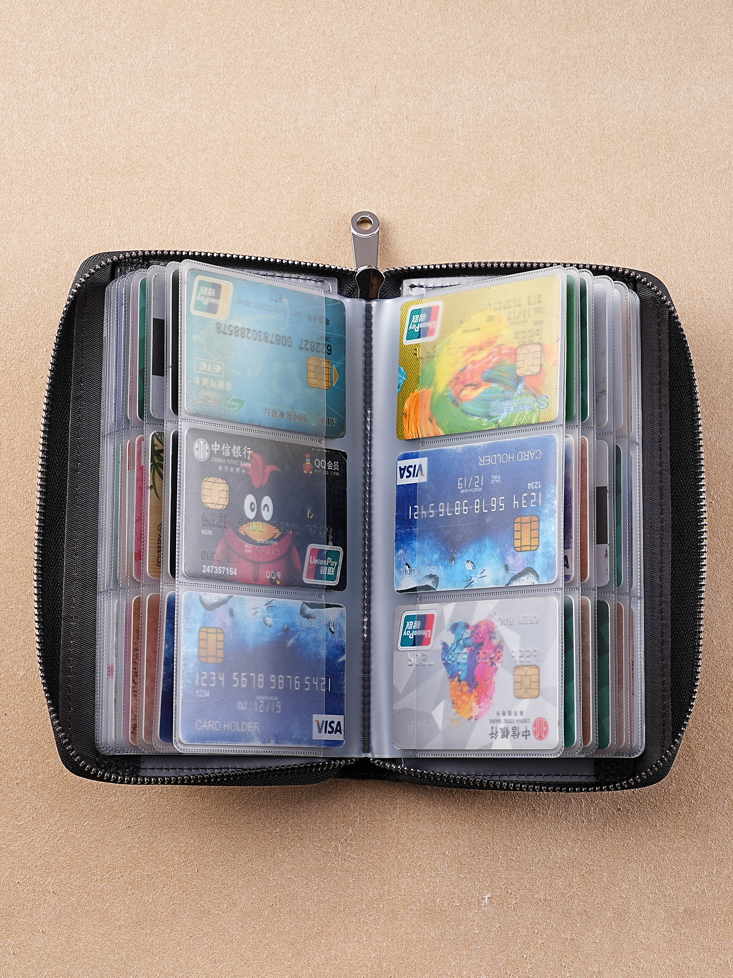 Multifunctional Card Holder, Genuine Leather, Multiple Card Slots, Anti-Degaussing Zipper, Bank Card Holder, Large Capacity Id Storage Bag, Cowhide