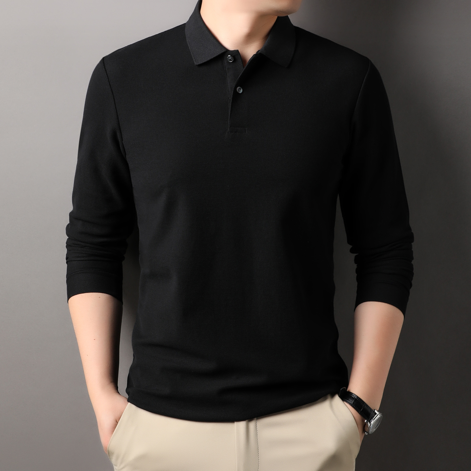 2024 new men's spring and autumn long sleeve polo shirt men's lapel simple young and middle-aged loose business a wholesale