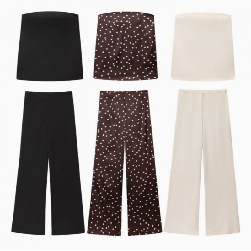 Cross-Border Women's Clothing Wholesale 2026 Aliexpress Hot-Selling Fashion Casual Silk Satin Texture Tube Top + Polka Dot Long Pants