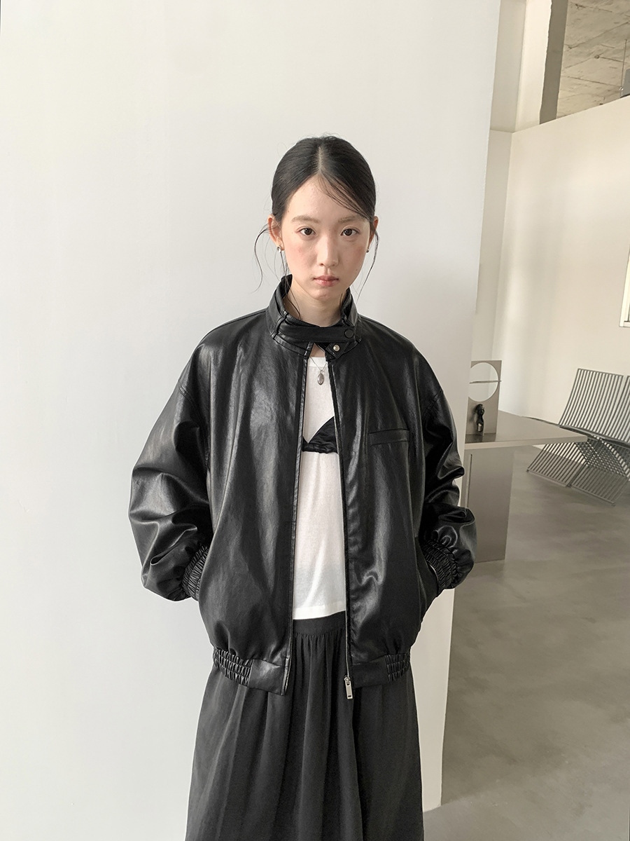 Love and Nancy Thirteen Lines 2026 Spring American Retro Double-Layer Stand Collar Pu Harrington Leather Jacket 03830