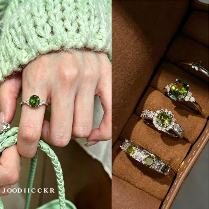 French-Style High-End Exquisite Olive Green Zircon Ring for Women, Niche Design Open Ring, Light Luxury Style Index Finger Ring