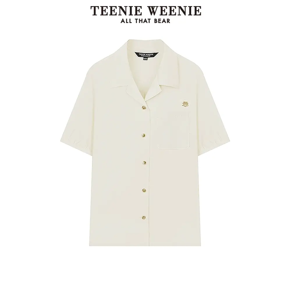Teenieweenie Bear Women's Minimalist shirt 2025 Summer New arrival Casual Work Clothing Tencel Cotton Short Sleeve