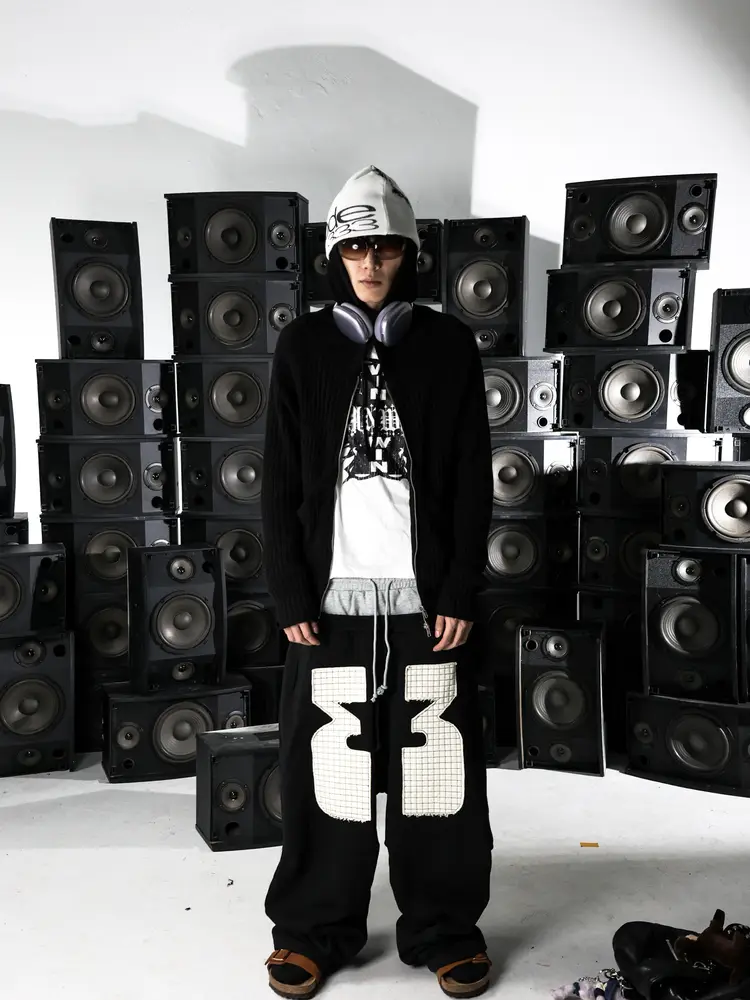 [PCCVISION] 3MAN0N 3 white adhesive fabric black gray double waist pleated loose sweatpants