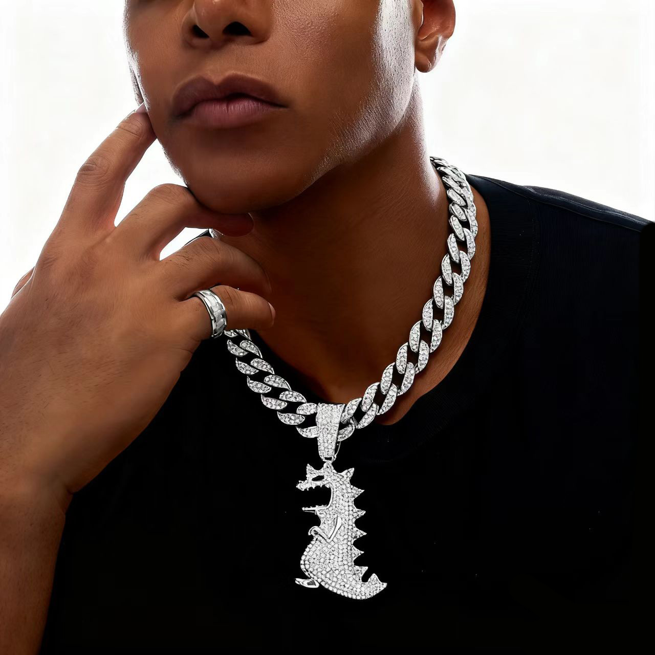 European and American Hip Hop Alloy Dinosaur Pendant Explosions Personalized Men's Tyrannosaurus Rex Pendant Cuban Chain Necklace Rap Same Style