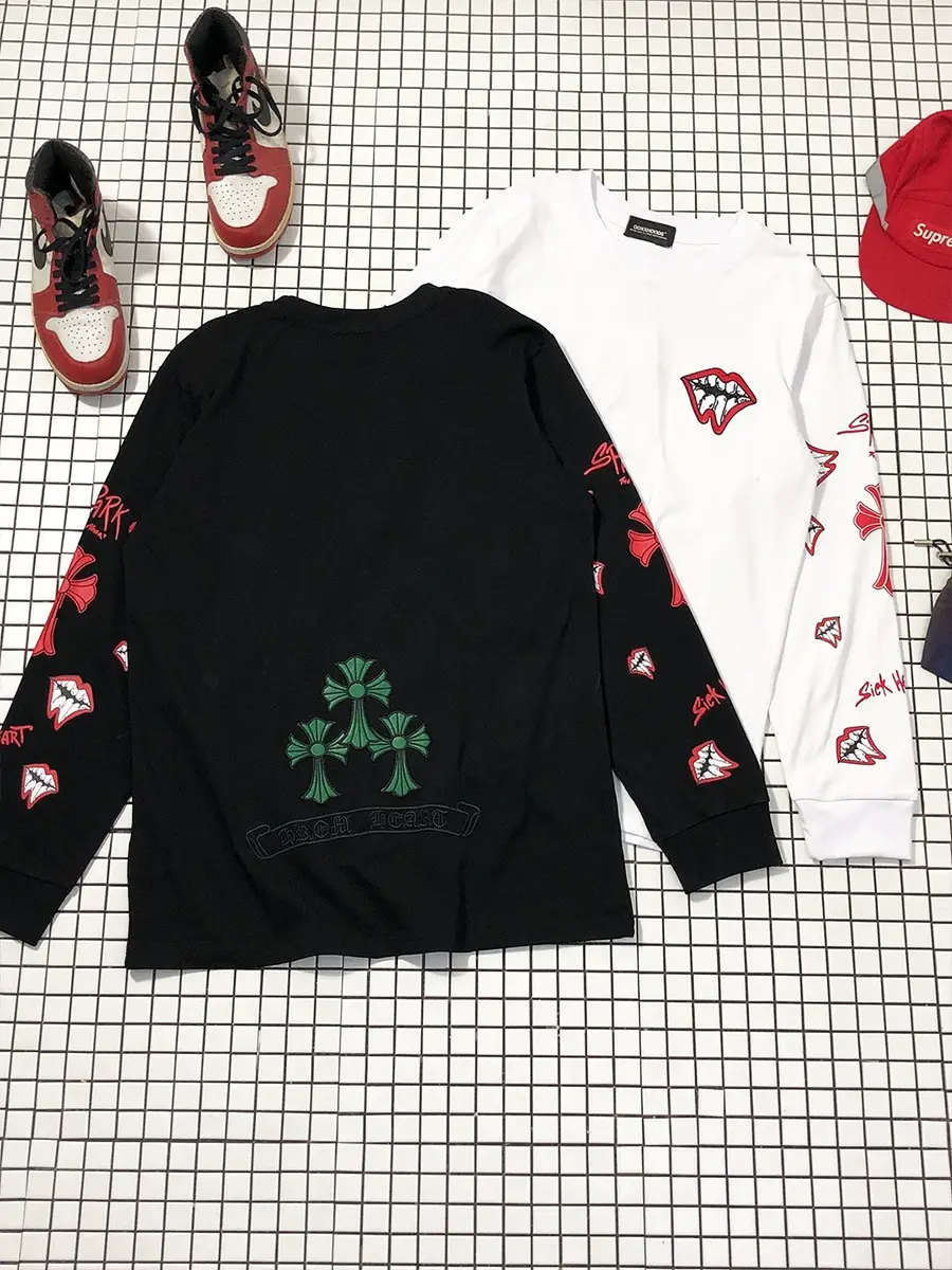 2025 new cute and quirky personality street cross red lip embroidered long sleeved T-shirt cotton European and American base shirt
