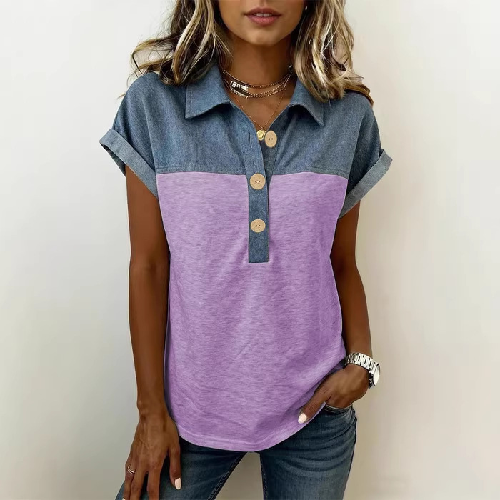 Cross-Border Foreign Trade Hot-Selling Summer New Style Lapel T-Shirt for Women, European and American Simple Style, Color-Blocking, Plus-Size Short-Sleeve Top for Women