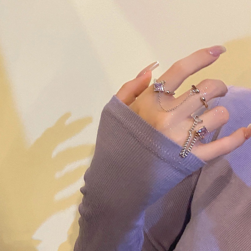 Stacked Wear Geometric Square Zircon Sparkling Diamond Purple Chain Set Open Ring Female isn Niche Design Sense