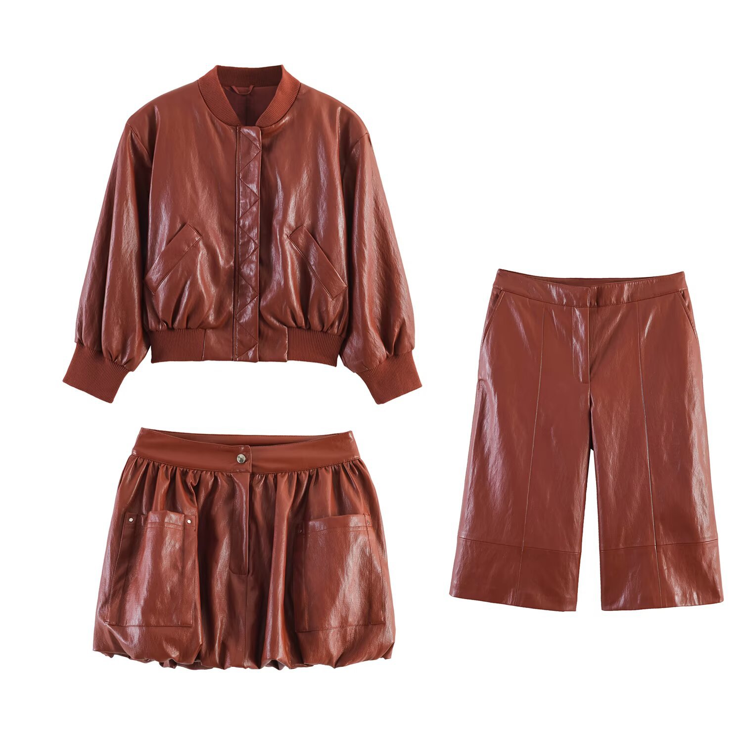 Faux Leather Shoulder-Padded Bomber Jacket 3046068 Shorts 3046168 Balloon Mini Skirt 3046074