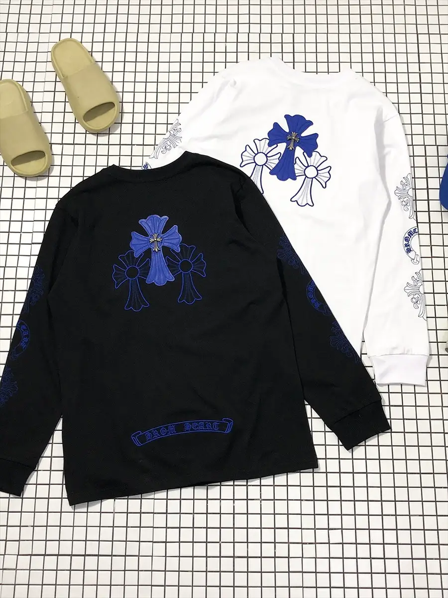 2025 New European and American Style Personalized Street Fashion Embroidered Blue Horseshoe Cross Floral Arm Long-Sleeve T-Shirt for Men and Women