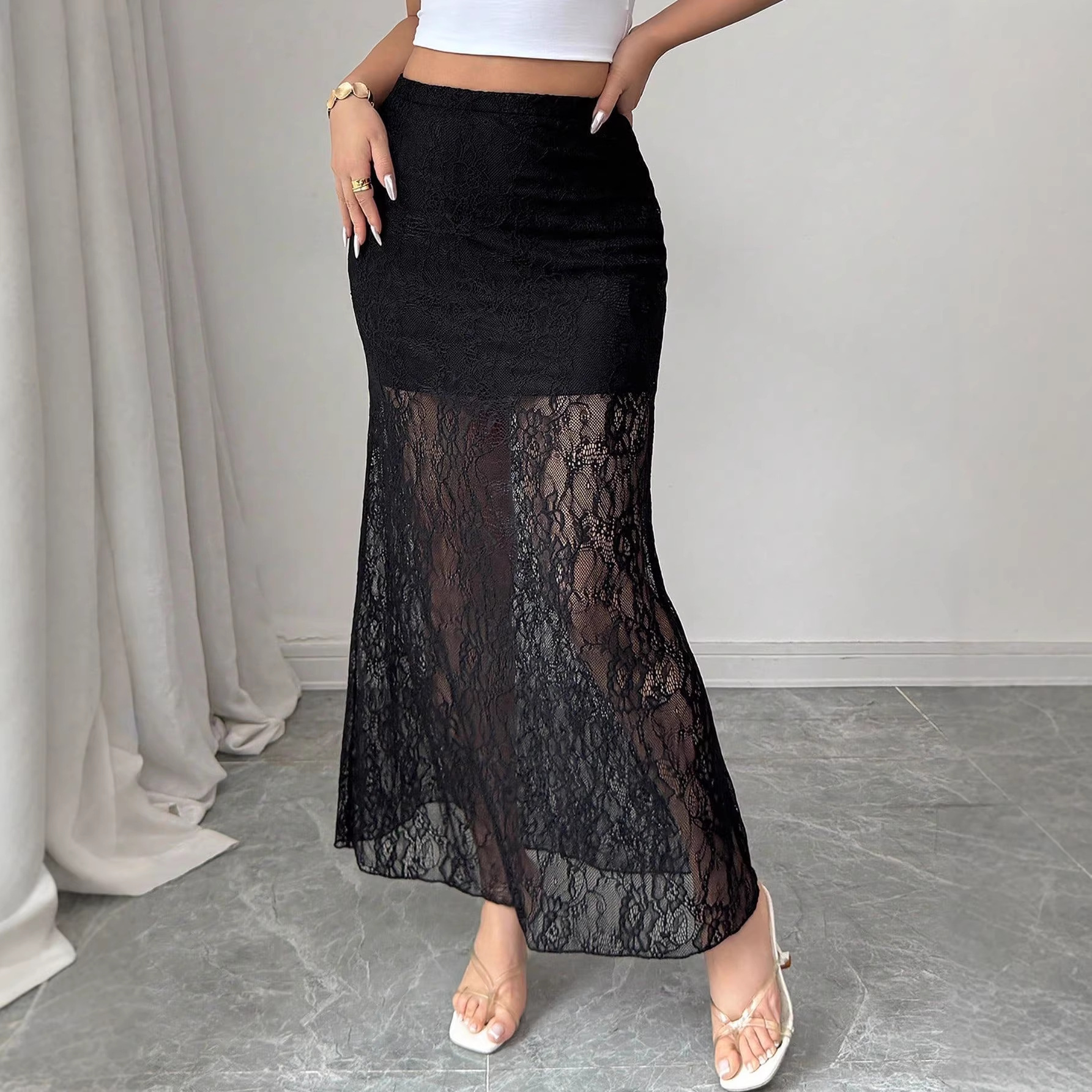 European and American Cross-Border Foreign Trade Women's Clothing 2026 Spring/Summer Lace High-Waisted Fashion Slim-Fit Hip-Hugging Slimming Sheer Skirt