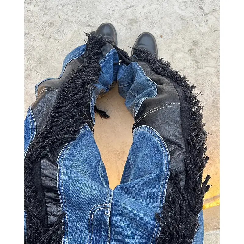 Thug Club Heavy duty Flow Su Mo Si Dry Splicing Leather Contrasting Straight Tube Niche Casual Washed Jeans for Men