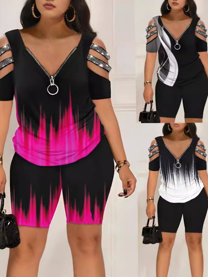 2024 European and American Cross-border Wish suit Women's plus size V-neck Zipper Pullover Printed Short-sleeved Fashion Shorts suit Women
