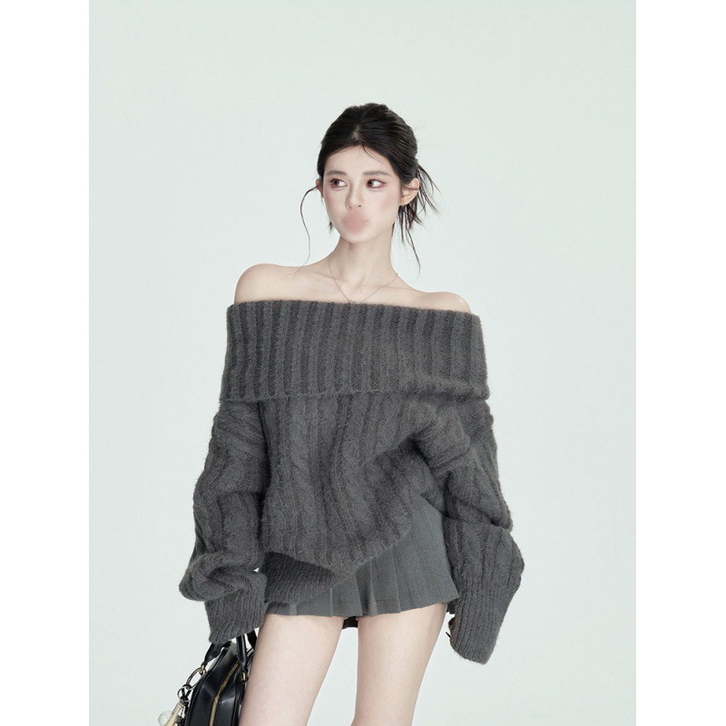 2025 New Soft and Cozy Off-Shoulder Classic Gray Sweater for Women, Winter Lazy Style Loose Long-Sleeve Top for Women
