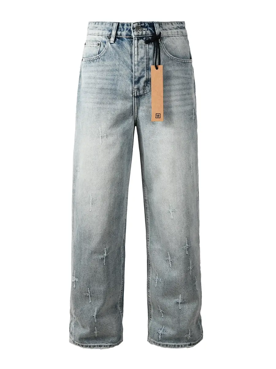 Ksu Jeans American Style Trendy Brand New Light-Colored Distressed Washed Cross-Cut Pattern Loose Wide-Leg Jeans for Men