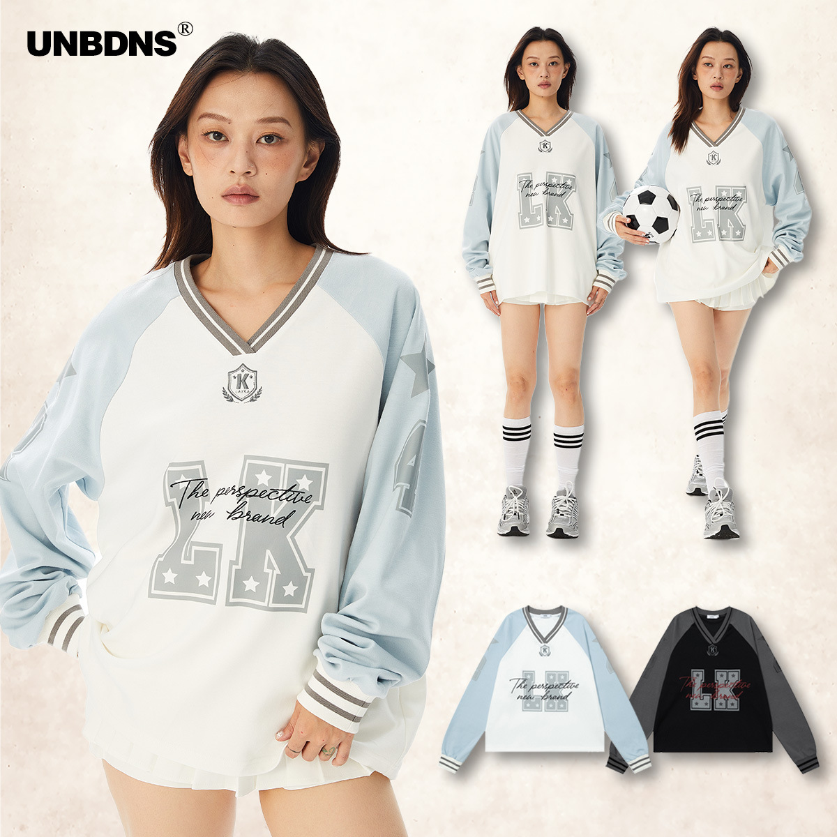 Unbdns American-Style Color-Blocking Fashion Sports Jersey Style Spring and Autumn V-Neck Long-Sleeve T-Shirt for Women, Thin and Loose Trendy Top