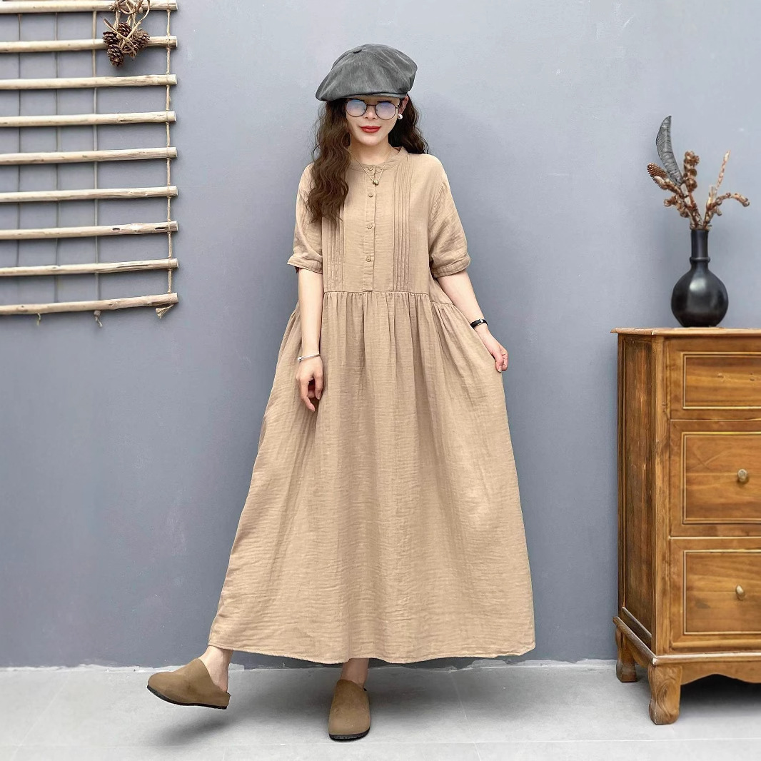 Solid Color Dress Women's Round Neck Simple Loose Versatile Dress Summer Literary Retro Long Dress
