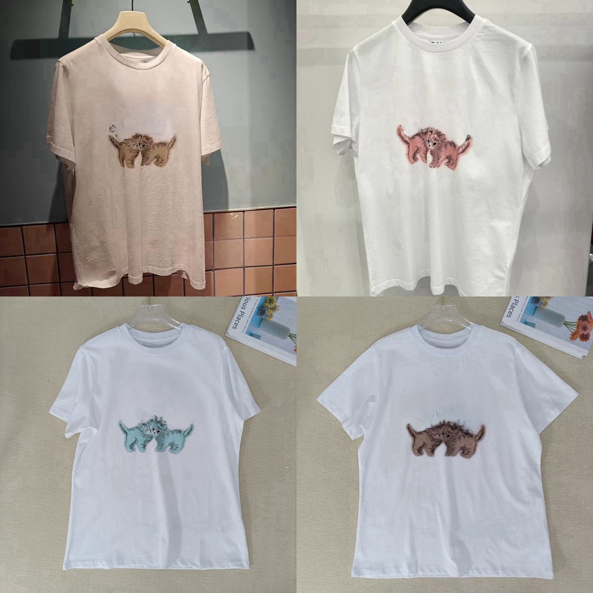 24 New Niche Design Letter Cat Digital Print Round Neck Loose Cotton Short-Sleeved T-Shirt White Top