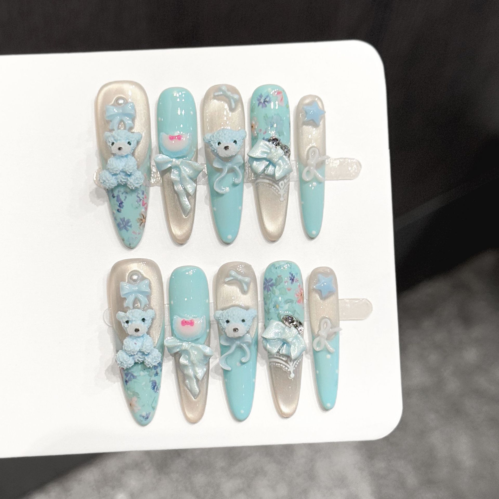 Rikaman【Blue Island Sweet Bear】Fresh Blue Mint Blue 3D Bear Nail Art Pure Handmade Manicure