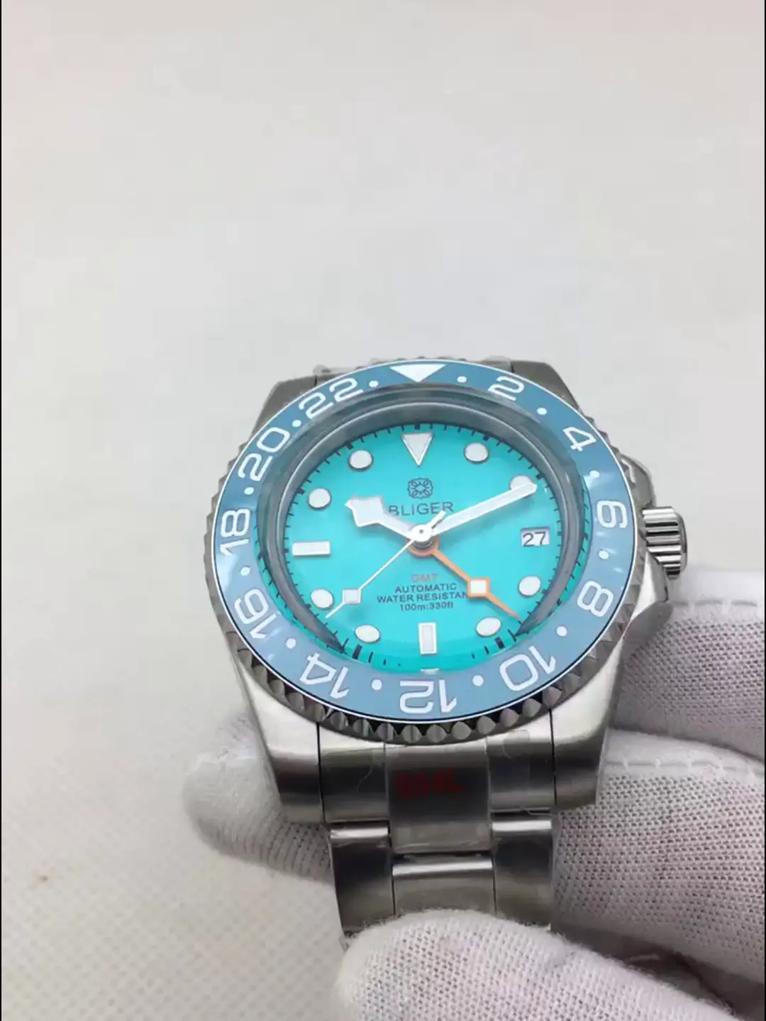 40mm Arched Glass Retro Submariner Light Blue Ceramic Outer Ring Nh34 Automatic Mechanical Men Diving Watch