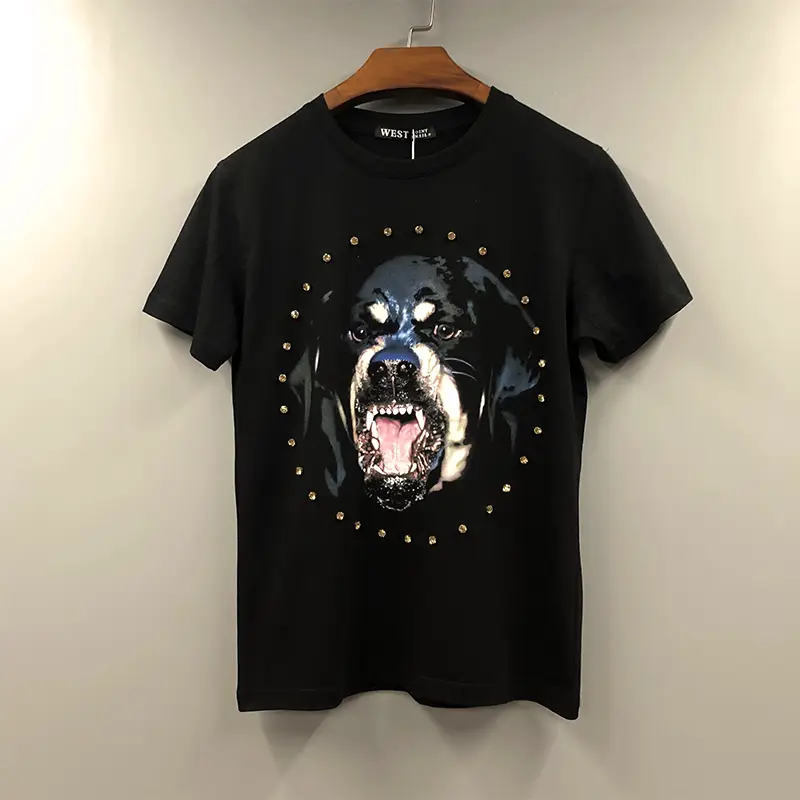 Trendy Fashion Fashion Rhinestone Dog Head Loose pure cotton Half Short-Sleeved T-Shirt for Men and Women Couple Wear Trendy Summer Wear