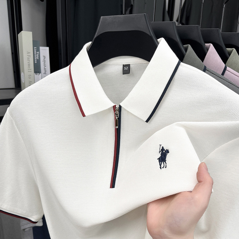 With Mulberry Silk Cotton Ice Silk Men's T-shirt Half Zipper Casual Business Simple Embroidered Polo Shirt T-shirt Men's Short Sleeve