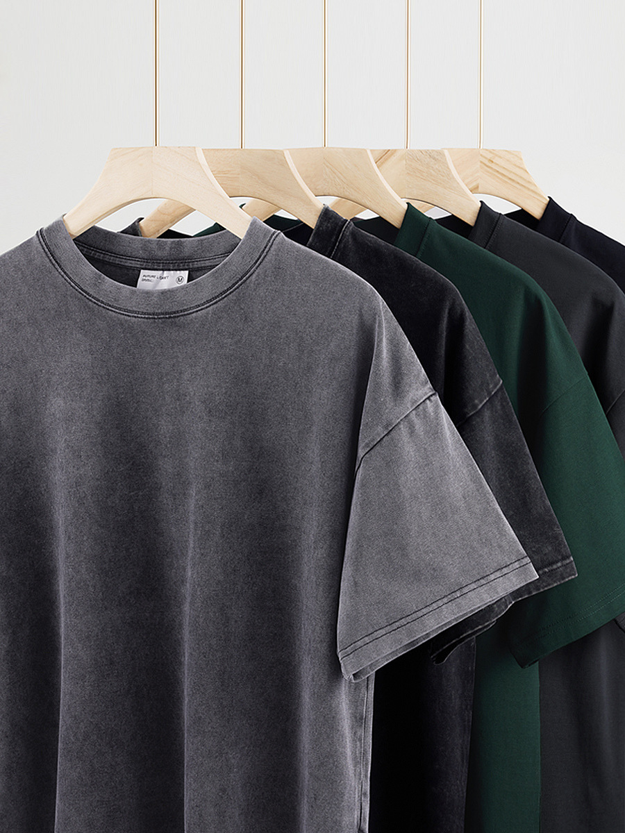 oversize Fashion Brand Shoulder Short-sleeved Men's Summer Heavy Washed Old T-shirt Round Neck Loose All-match Top Women's Top