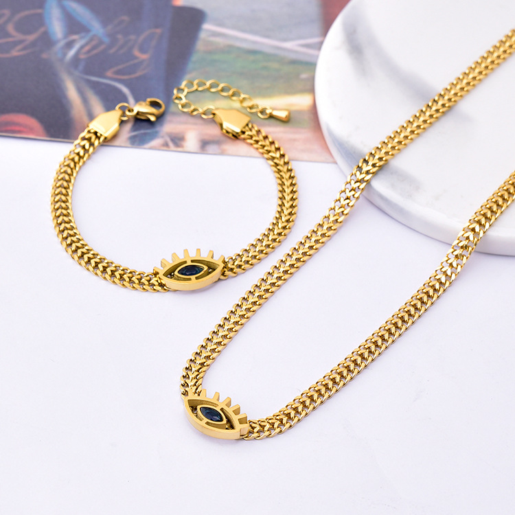 Original Niche Design Clavicle Chain Oval Eye Pendant Dark Blue Diamond Devil's Eye Bracelet Necklace Set