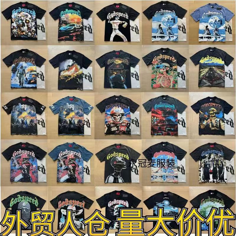 Cross-Border Foreign Trade American Fashion Godspeed Retro Skull Print High Street Trendy Hip-Hop Street Style Loose Short-Sleeve Pure Cotton