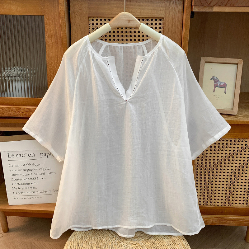 Small V-Neck Lightweight Sheer Cotton-Linen Pullover Shirt Top with Cool Hand-Stitched Five-Quarter Sleeves, Loose Blouse, Summer 2026
