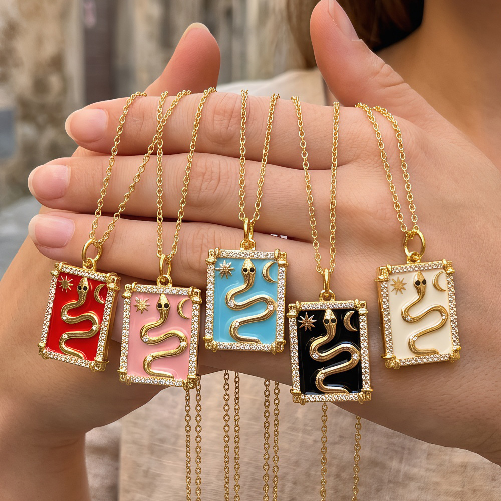 Cross-Border New Tarot Card Pendant Necklace Copper Plated 18 Gold Dripping Oil Zircon Snake Necklace Ins Style Hip-Hop Accessories