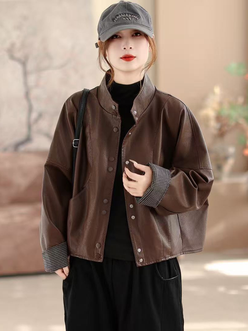 2026 Spring Leather Jacket for Women, New Style Patchwork Plaid Stand Collar Jacket, Long Sleeve Loose Casual Korean Style Top