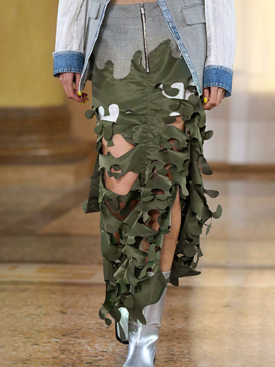 2026 New Trendy Military Green Irregular Hollow-Out Patchwork Camouflage Design Women's Long Skirt