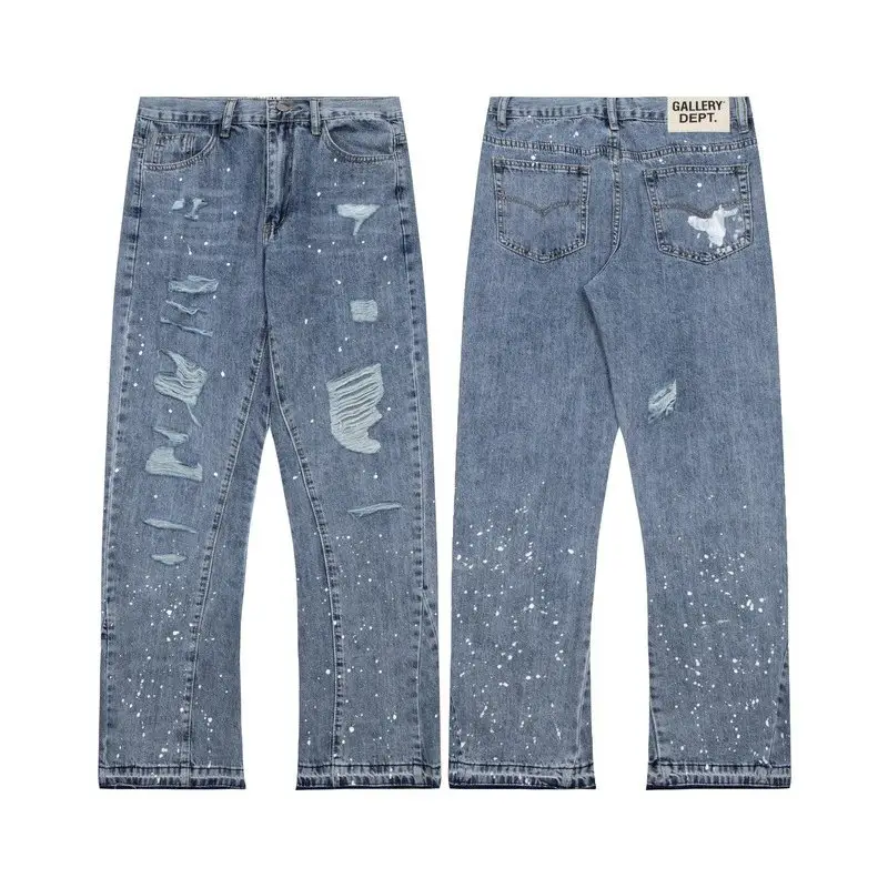 Flared ink graffiti patchwork ripped casual loose jeans