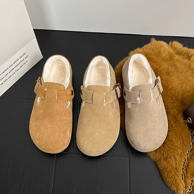 Matte Soft Leather Women's Flat Shoes 2026 New Retro Artistic Genuine Leather Slip-On Large Toe Plush Birkenstock Shoes