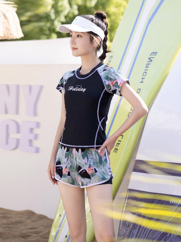 Junfei Sports Two-Piece Conservative Slimming Swimsuit for Women, Short-Sleeve Plus-Size Swimwear, Tummy-Covering, Korean Style, Ins-Style, Wholesale from Manufacturer