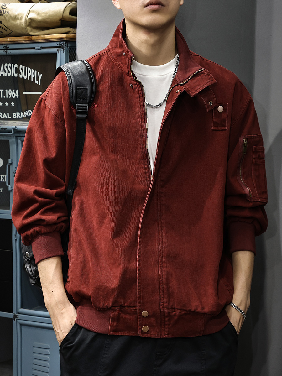 Autumn stand collar cotton frock men's jacket American vintage trendy hunting top loose embroidered casual jacket